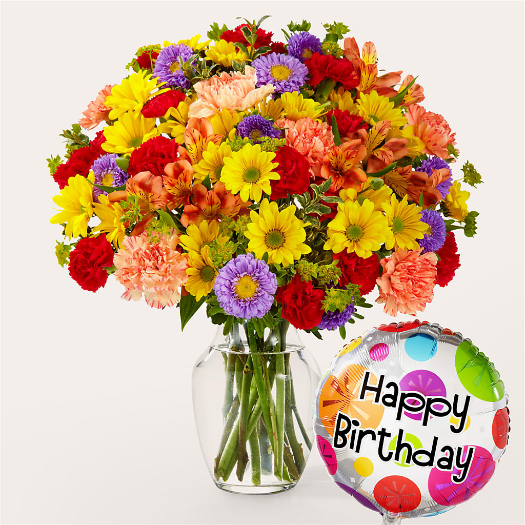 Kaleidoscope Bouquet with Birthday Balloon – Life Of A Flower, Dallas TX