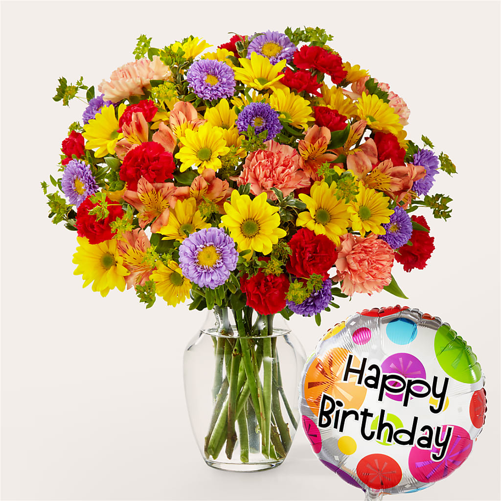 Kaleidoscope Bouquet with Birthday Balloon – Life Of A Flower, Dallas TX