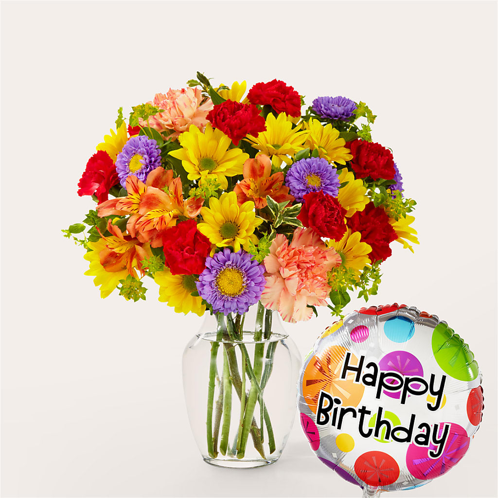 Kaleidoscope Bouquet with Birthday Balloon – Life Of A Flower, Dallas TX