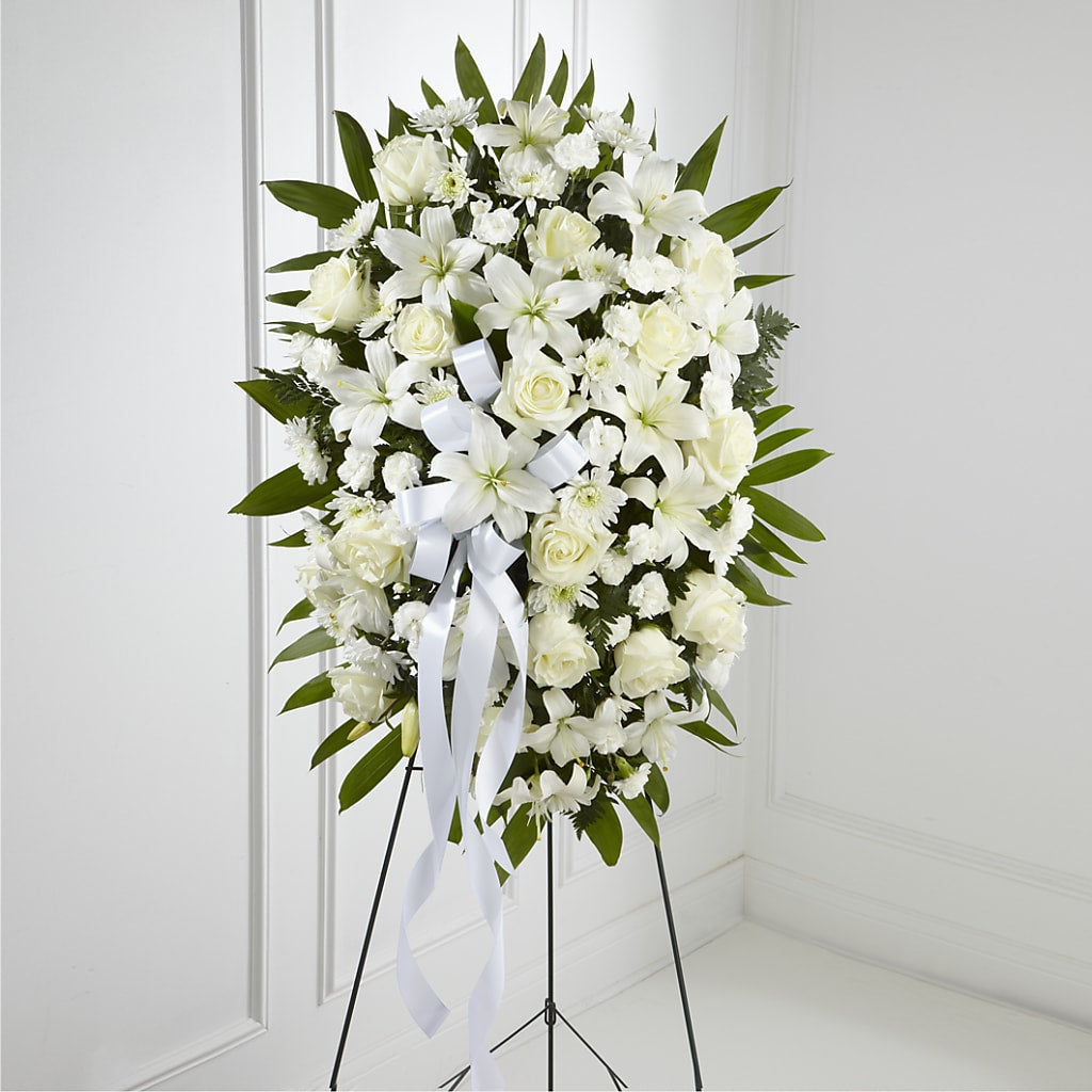 Exquisite Tribute Standing Spray-White Ribbon – Life Of A Flower, Dallas TX