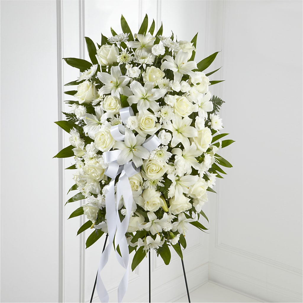 Exquisite Tribute Standing Spray-White Ribbon – Life Of A Flower, Dallas TX