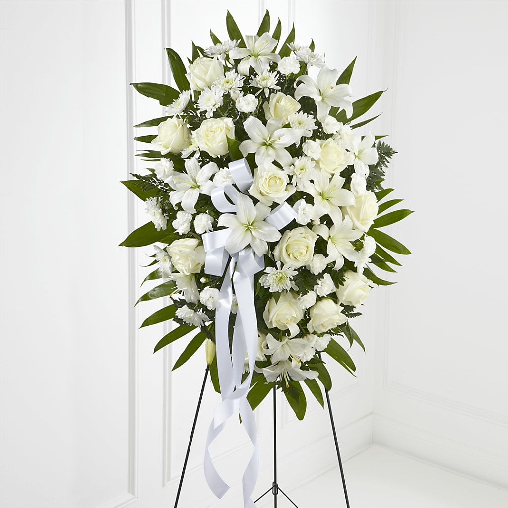 Exquisite Tribute Standing Spray-White Ribbon – Life Of A Flower, Dallas TX